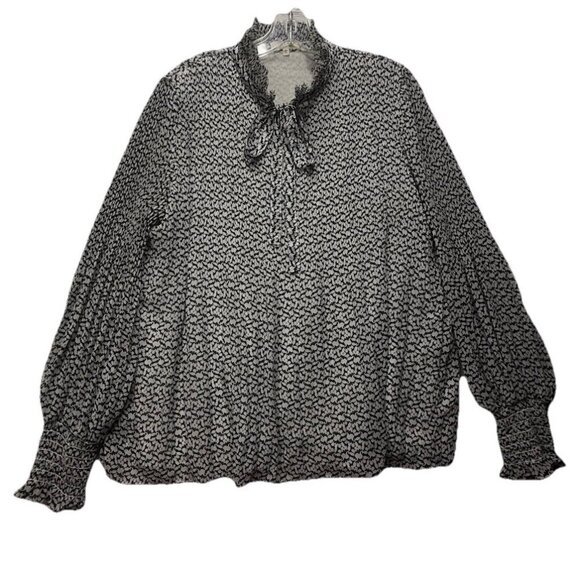 Max Studio Black White Floral Geoprint Elastic Cuff Tie Front Blouse Tunic L Top - Picture 1 of 9